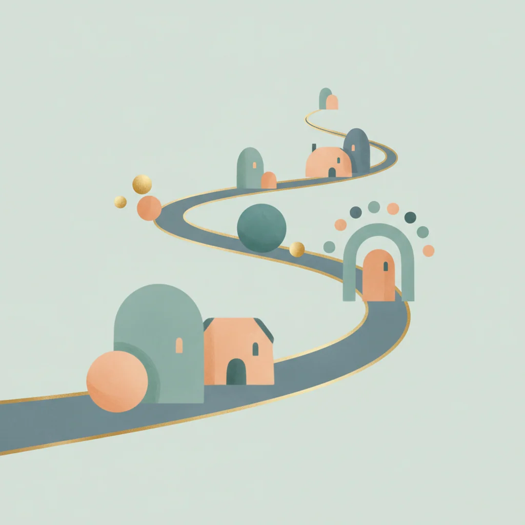 Abstract illustration of playful tactile wooden shapes and milestone pathways