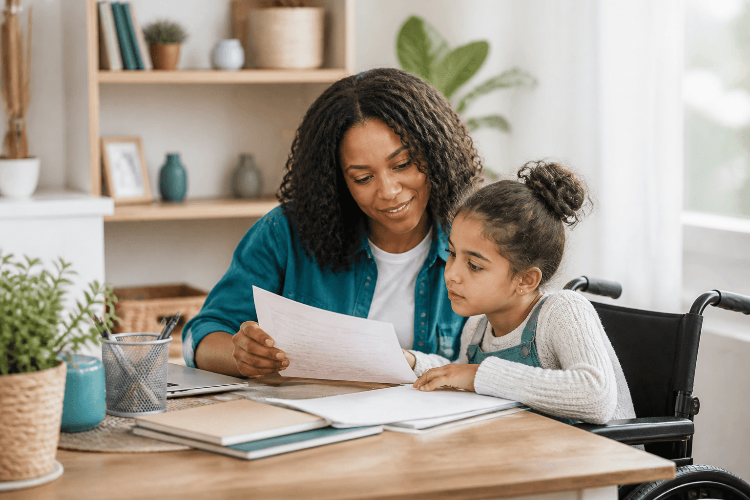 Parent and child reviewing educational planning materials at home