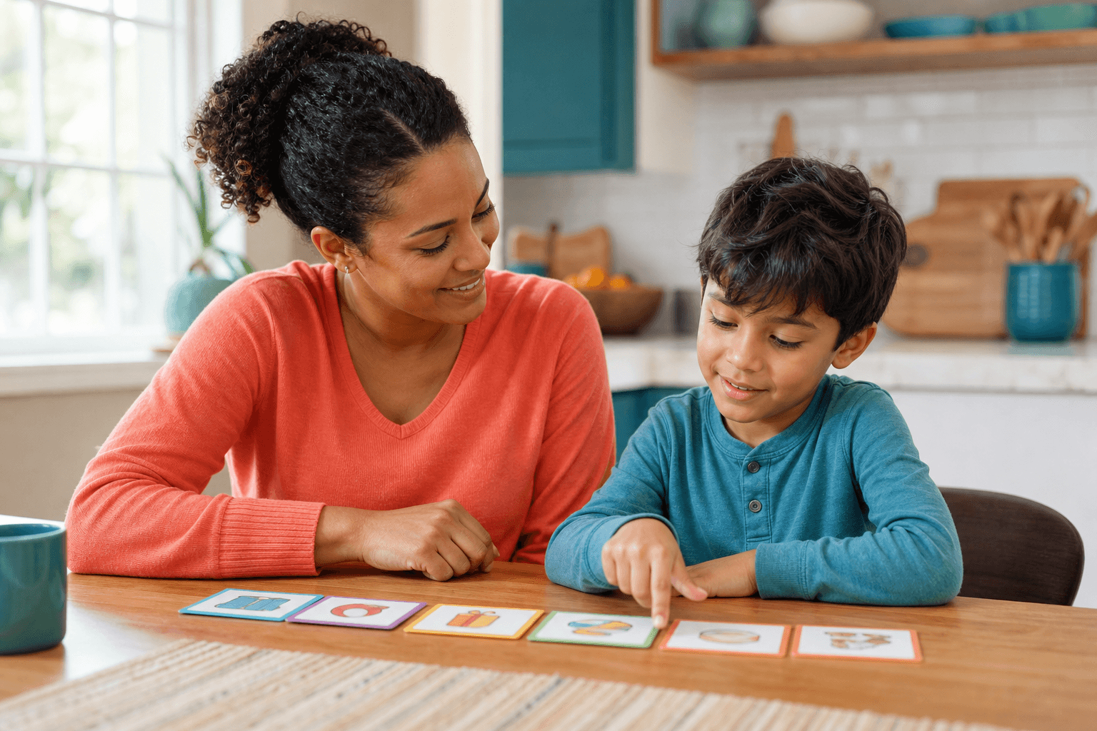 Parent and child working together with visual schedules during ADHD parent coaching